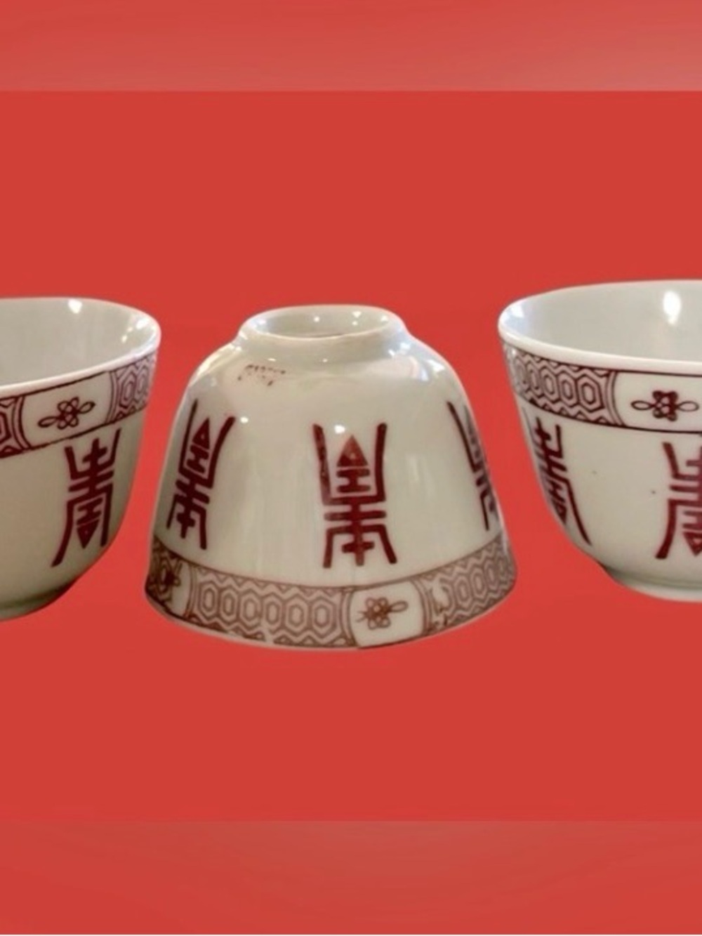Vintage Asian Porcelain Sake/Teacups Hand Painted Chinese Longevity Character